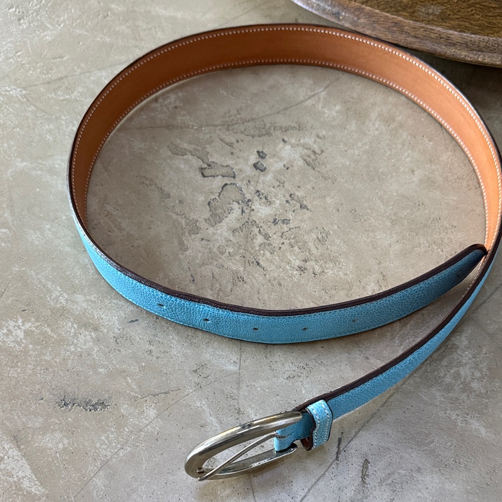 Vicomte Arthur Blue and Tan Leather Belt with Silver Buckle- Made in France-NW
